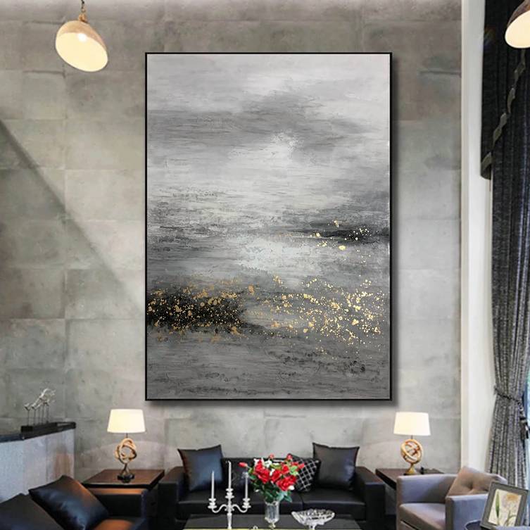 White Handmade Gold Painting Black Abstract Canvas Wall Art N7SHO